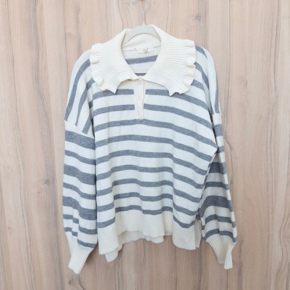 easel Sweaters - Easel Womens Striped Sweater L White Gray Ruffle Collar Henley Preppy Cottage